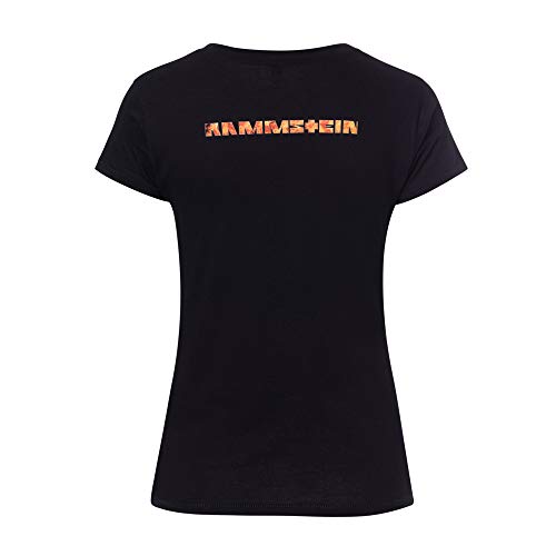 Rammstein Camiseta para mujer con logotipo de lava, producto oficial de la banda de merchandise, camiseta negra con impresión frontal y trasera multicolor Negro S