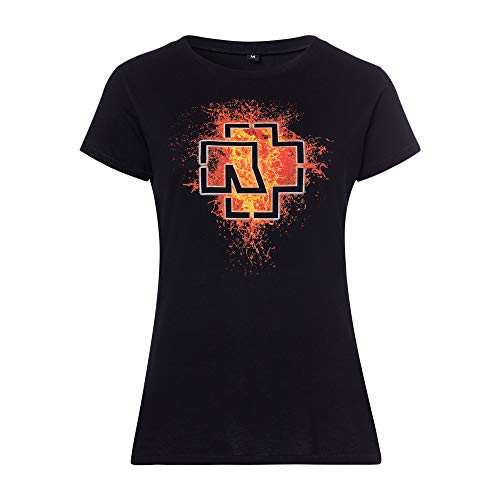Rammstein Camiseta para mujer con logotipo de lava, producto oficial de la banda de merchandise, camiseta negra con impresión frontal y trasera multicolor Negro S