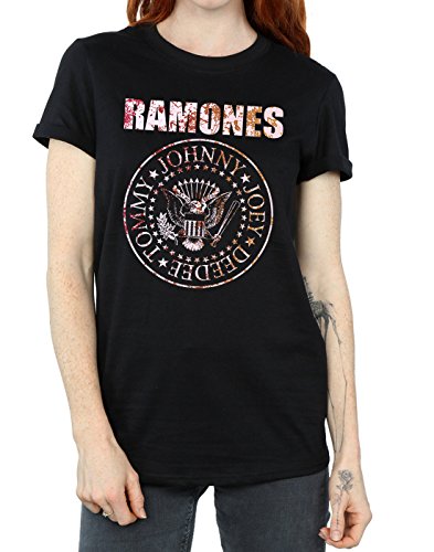 Ramones Mujer Flower Rose Camiseta del Novio Fit Large Negro