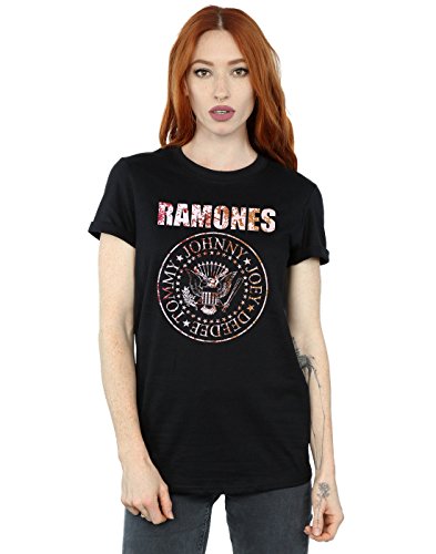 Ramones Mujer Flower Rose Camiseta del Novio Fit Large Negro