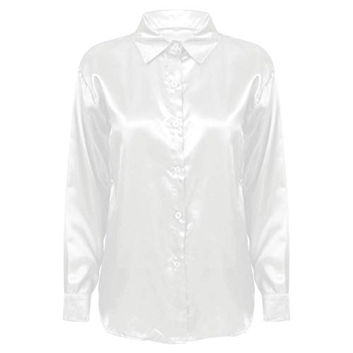 ranrann Blusas Manga Larga de Mujer Cami Saten de Seda Brillante Elegante Ropa Casual Diario Vintage de Moda Blanco XL