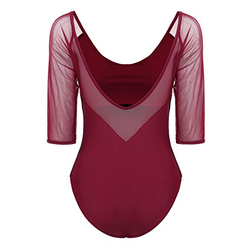 ranrann Maillot de Gimnasia Rítmica para Mujer Leotardo Clásico de Ballet Manga Transparente Mono de Danza Ropa Deportiva de Baile Dancewear Vino Rojo Small