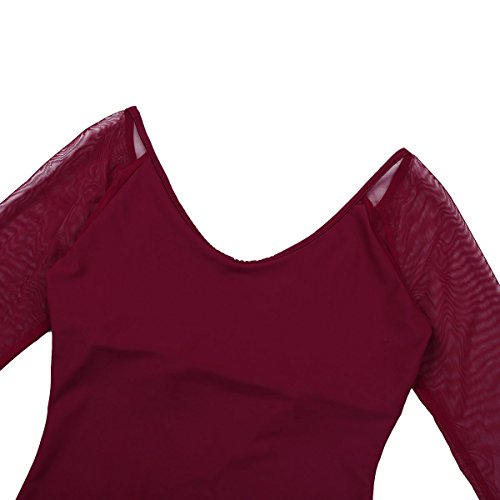ranrann Maillot de Gimnasia Rítmica para Mujer Leotardo Clásico de Ballet Manga Transparente Mono de Danza Ropa Deportiva de Baile Dancewear Vino Rojo Small