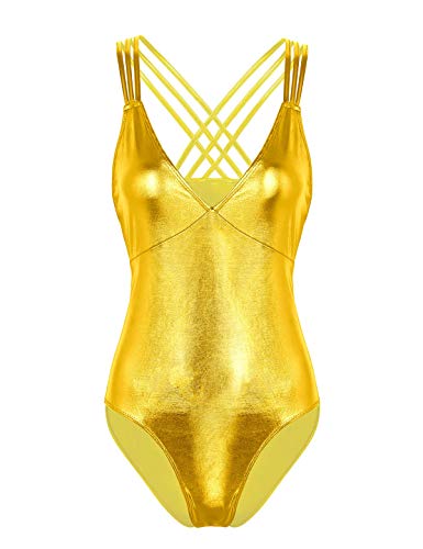 ranrann Traje de Baño Charol para Mujer Brillante Bikini Push Up Bañador de Una Pieza Espalda Cruzada Leotardo Body de Gimnasia Ropa de Baño Piscina Dorado X-Large