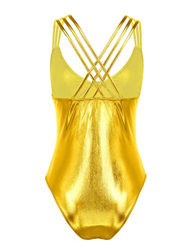 ranrann Traje de Baño Charol para Mujer Brillante Bikini Push Up Bañador de Una Pieza Espalda Cruzada Leotardo Body de Gimnasia Ropa de Baño Piscina Dorado X-Large