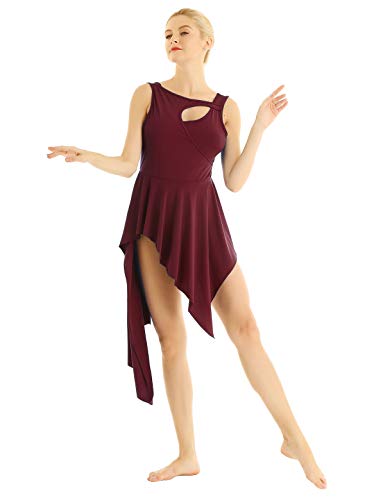 ranrann Vestido de Danza Ballet para Mujer Asimétrico Vestido de Baile Lírico Latino Traje de Tango Rumba Oriental Leotardo Body de Gimnasia Dancewear Vino Rojo M