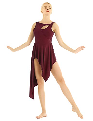 ranrann Vestido de Danza Ballet para Mujer Asimétrico Vestido de Baile Lírico Latino Traje de Tango Rumba Oriental Leotardo Body de Gimnasia Dancewear Vino Rojo M