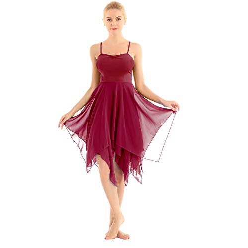 ranrann Vestido Tirantes de Ballet Gasa para Mujer Irregular Vestido Largo de Danza Lírica Contemporánea Traje Baile de Salón Latino Tango Dancewear Vino Rojo Large