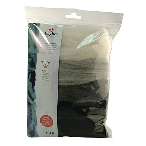 Rayher 5364900 Pack 100% Lana cardada de Merino, 50g, Fina 19 Mic, para fieltrar, Gris/Blanco