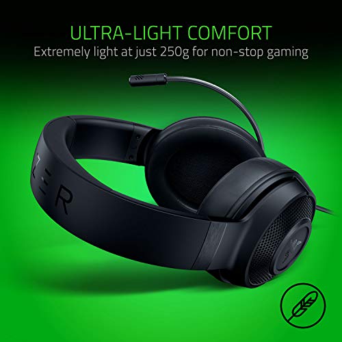 Razer Kraken X - Auriculares para juegos, auriculares ligeros para juegos para PC, Mac, Xbox One, PS4 y Switch, diadema acolchada, sonido envolvente 7.1, Negro