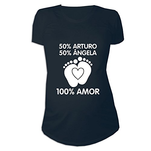 Regalo Personalizable para Mujeres Embarazadas: Camiseta 'porcentajes' Personalizada con los Nombres de la Madre y del Padre del bebé (Negro)