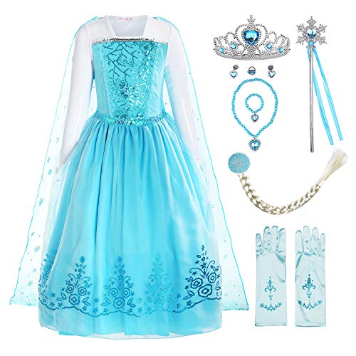 ReliBeauty Disfraz de niña Disfraz de Copo de Nieve de Lentejuelas Plisadas de Manga Larga Frozen Princess Elsa,con accessori (7)