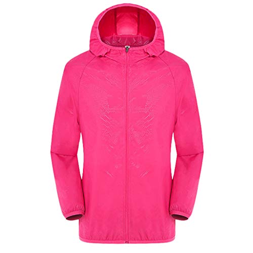 Reooly Maillot con Capucha de Manga Larga para Hombre al Aire Libre Protección Solar Ropa de Piel Chaqueta Informal Chaqueta Impermeable Ultraligera a Prueba de Viento(Rosa Caliente,Small)