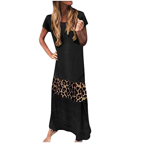 ReooLy Mujeres Tallas Grandes O-Cuello Manga Corta hasta el Tobillo Estampado de Leopardo Vestidos a Juego de Color