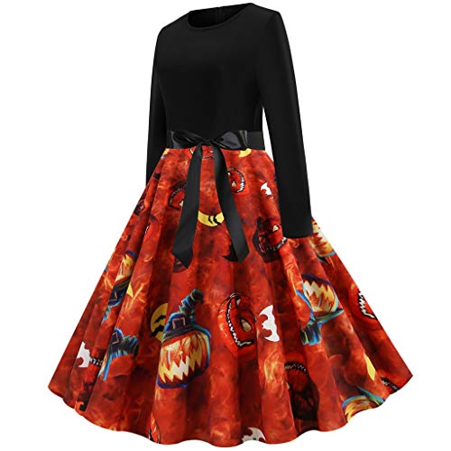 Reooly Nuevo Vestido de Mujer con Estampado de Calabaza de Halloween Vestido de Fiesta Medieval con Cuello Redondo y Cremallera Hepburn