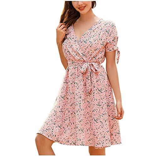 ReooLy Vestido Informal de Faja con Estampado de Flores geométricas de Manga Corta con Cuello en V para Mujer (A2-Rosado,S)