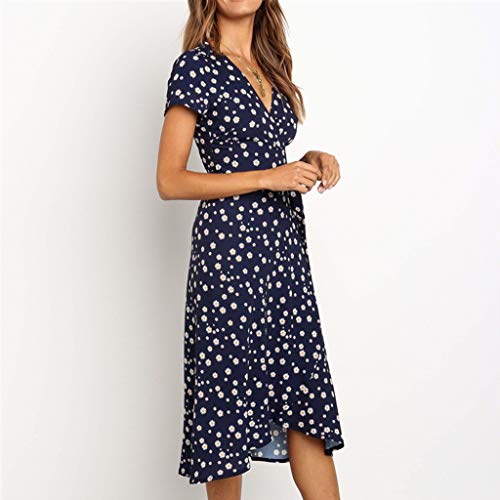 ReooLy Vestido Informal de Faja con Estampado de Flores geométricas de Manga Corta con Cuello en V para Mujer (F-Armada,L)