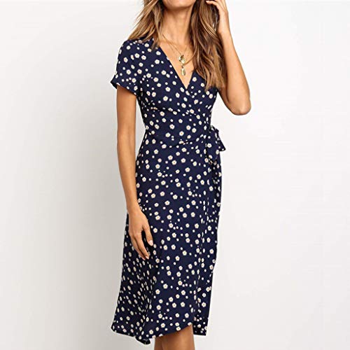 ReooLy Vestido Informal de Faja con Estampado de Flores geométricas de Manga Corta con Cuello en V para Mujer (F-Armada,L)