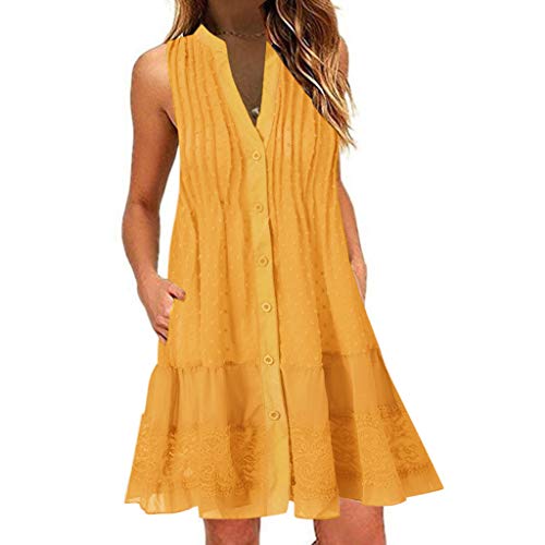ReooLy Vestido sin Mangas con Cuello en V de Verano para Mujer（E-Amarillo，XXXL）