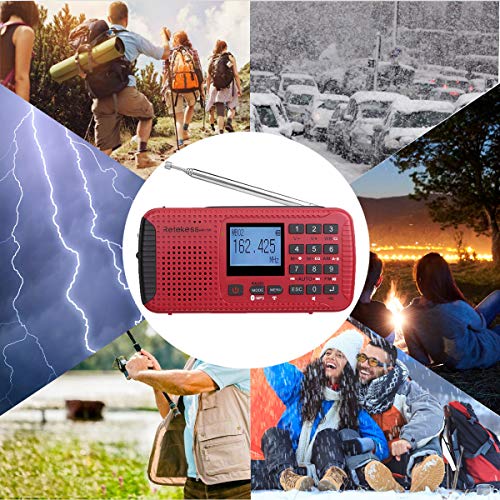 Retekess HR11W Radio Am FM Portátil Pequena Radio Solar Manivela Recargable Camping de Emergencia Radio con Linterna SOS Alarma Bluetooth Reloj Despertador Grabador （Rojo）