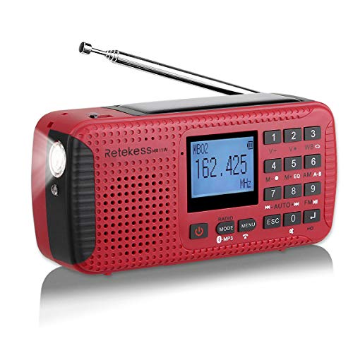 Retekess HR11W Radio Am FM Portátil Pequena Radio Solar Manivela Recargable Camping de Emergencia Radio con Linterna SOS Alarma Bluetooth Reloj Despertador Grabador （Rojo）