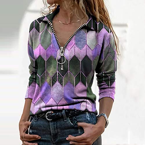 riou Blusas y Camisa Mujer Moda Solapa Estampado Geométrico Cremallera Manga Larga Blusa Casual Tops Suéter Suelta Tallas Grandes Otoño Invierno