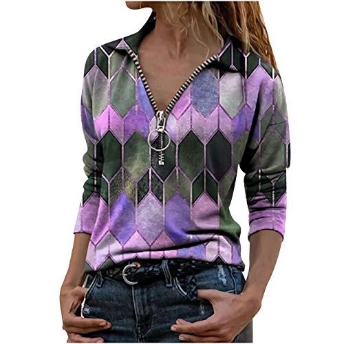 riou Blusas y Camisa Mujer Moda Solapa Estampado Geométrico Cremallera Manga Larga Blusa Casual Tops Suéter Suelta Tallas Grandes Otoño Invierno