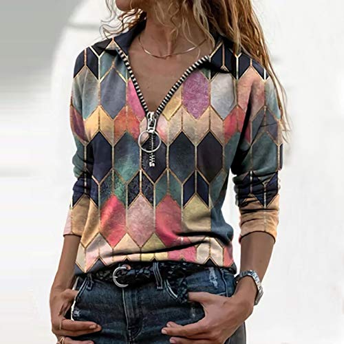 riou Blusas y Camisa Mujer Moda Solapa Estampado Geométrico Cremallera Manga Larga Blusa Casual Tops Suéter Suelta Tallas Grandes Otoño Invierno