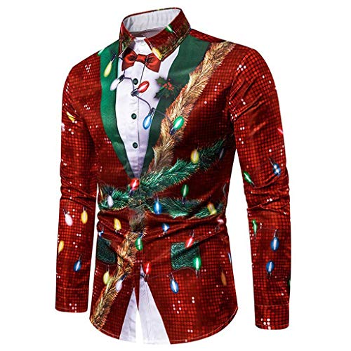 riou Camiseta de Manga Larga para Hombre Moda Casual Falso Dos Piezas de Camisa con Estampado 3D Navideño Blusa Superior Ocio T-Shirt tee