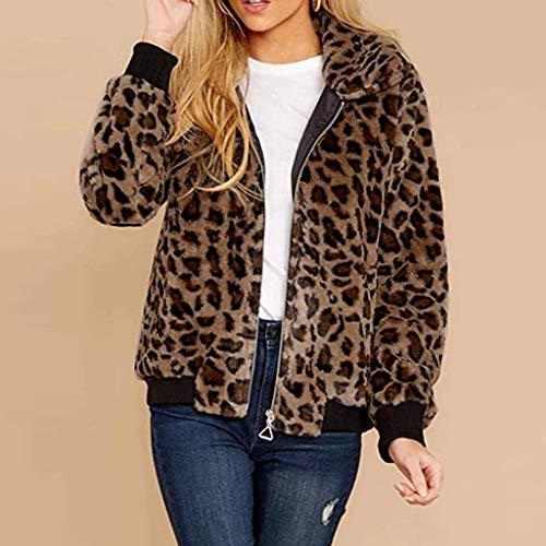 riou Chaqueta Mujer Invierno Tallas Grandes Moda Chaqueta de Leopardo Manga Larga con Cremallera Bolsillo Tops Abrigo Jersey Mujer Suéter Abrigo Cálido