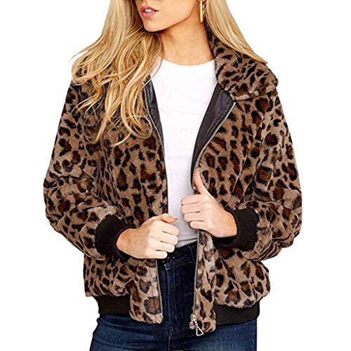 riou Chaqueta Mujer Invierno Tallas Grandes Moda Chaqueta de Leopardo Manga Larga con Cremallera Bolsillo Tops Abrigo Jersey Mujer Suéter Abrigo Cálido