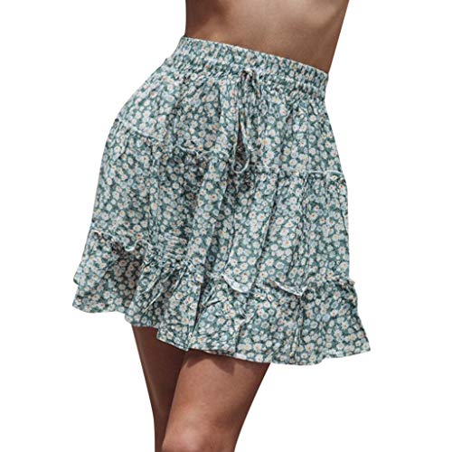 riou Falda Corto Mujer Mini Elástica Plisada Falda Corta de Playa con Estampado Floral y Volantes de Cintura Alta Casual de Verano Disfraz Ballet