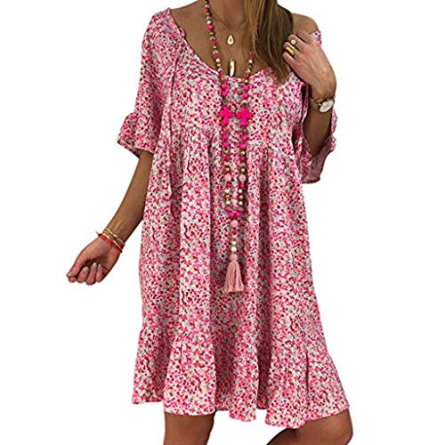 riou Vestidos Mujer Verano 2020 Cortos Suelto de Gasa con Cuello Redondo y Manga Corta con Volantes Vestido Bohemio Casual Mini Vestido Playa Vacaciones