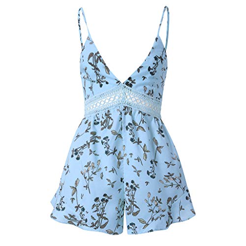 RISTHY Monos Mujer Verano Panel De Encaje De Ganchillo para Mujer Estamapdo Floral Señoras Pantalones Cortos de Verano Mono Bohemia Tirantes Profundo V Vestidos