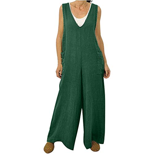 RISTHY Monos Mujer Verano Tallas Grandes Cuello V Sin Mangas Sin Espalda Bolsillos Laterales Baggy Monos Largos Peto de Lino Color Sólido Trajes Piernas Anchas Pantalones Anchos Mujeres