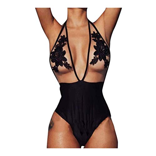 RISTHY Mujer Bañador con la Transparencia Malla Bikinis Bañador Traje de Baño Verano Sexy Push Up Ropa De Playa de Halter Espalda Abierta con Bordado Set Bikinis de Una Pieza