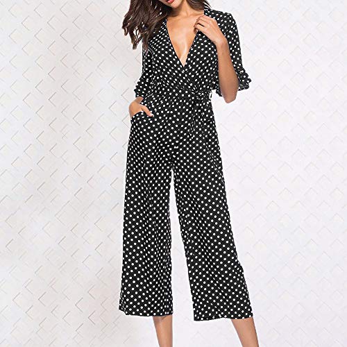 RISTHY Mujer Mono Lunares Talle Alto Enterizo Pantalón con Lazo Cuello Profundo V Cinturilla Piernas Anchas Manga Cortas con Volantes Mono de Dama Elegante