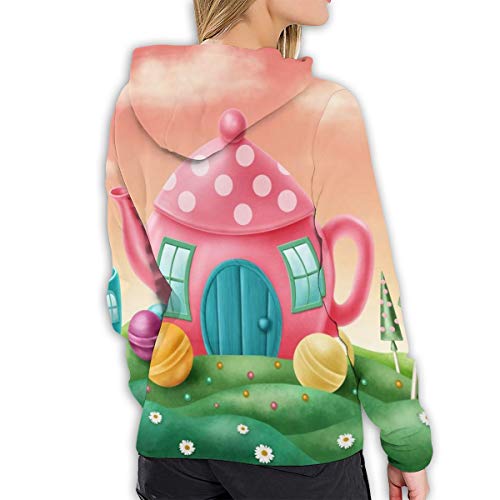 Rockboy Sudadera con Capucha para Mujer Fantasy Teapot and Teacup Houses, L Sweatshirt