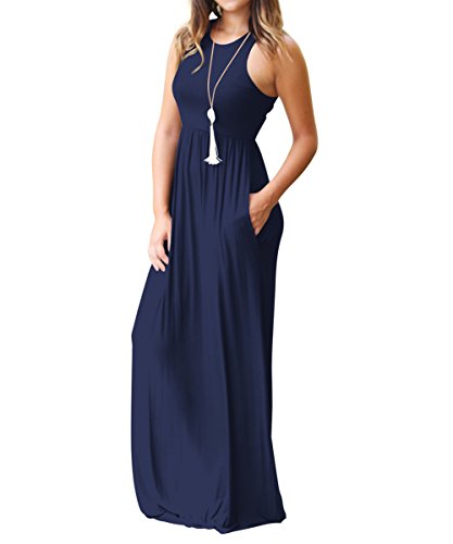 Rojeam Casual Vestidos para Mujer Largo Elegante Vestido para Verano Otoño Cuello Redondo con Bolsillos