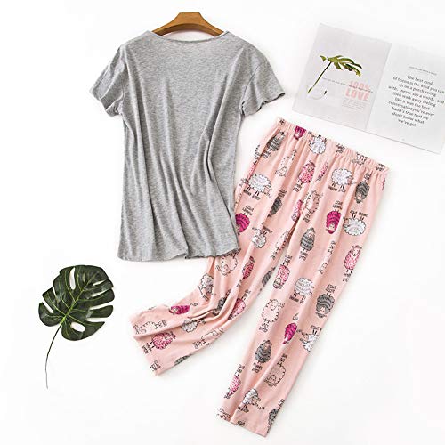 Rojeam Conjunto de Pijama Informal para Mujer Camisas de Manga Corta de algodón con Pantalones Capri Ropa de Dormir de Verano