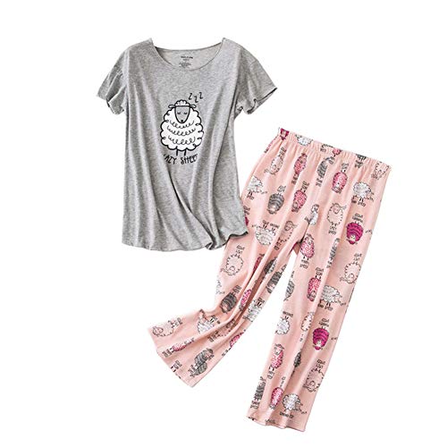 Rojeam Conjunto de Pijama Informal para Mujer Camisas de Manga Corta de algodón con Pantalones Capri Ropa de Dormir de Verano