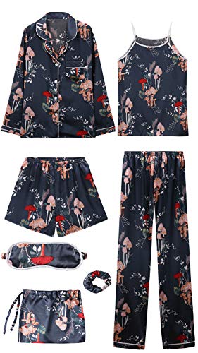 Rojeam Pijamas de satén de Seda para Mujer Ropa de Dormir de Manga Larga 7 Piezas Conjunto de Pijama Loungewear(Seta,L)