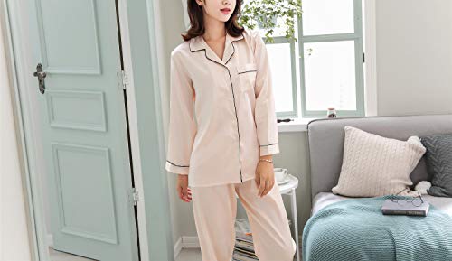 Rojeam Pijamas de satén de Seda para Mujeres Ropa de Dormir de Manga Larga Pijama de 2 Piezas Conjunto de Ropa de Dormir