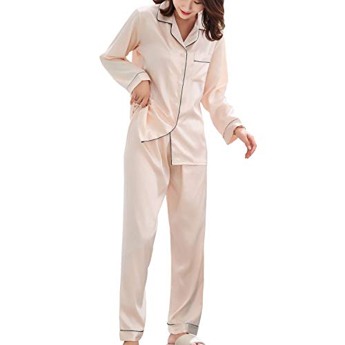 Rojeam Pijamas de satén de Seda para Mujeres Ropa de Dormir de Manga Larga Pijama de 2 Piezas Conjunto de Ropa de Dormir