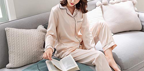 Rojeam Pijamas de satén de Seda para Mujeres Ropa de Dormir de Manga Larga Pijama de 2 Piezas Conjunto de Ropa de Dormir