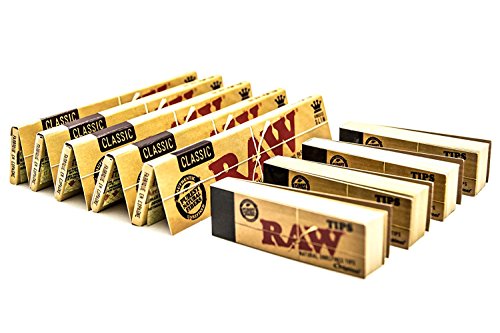 Rolling Papers Clásicos Tamaño King de RAW [5 Paquetes] y [4 Libretas] con Consejos de enrrollar de RAW