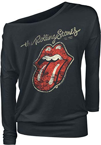 Rolling Stones The Plastered Tongue Mujer Camiseta Manga Larga Negro XL, 95% Viscosa, 5% elastán, Ancho