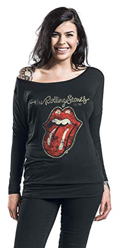 Rolling Stones The Plastered Tongue Mujer Camiseta Manga Larga Negro XL, 95% Viscosa, 5% elastán, Ancho