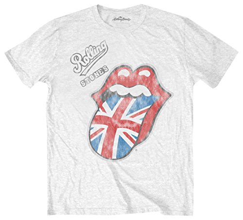 Rolling Stones The Vintage British Tongue with Soft Hand Inks Camiseta, Blanco, L para Hombre