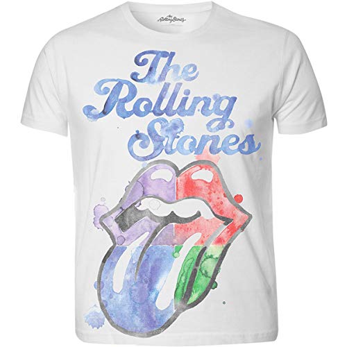 Rolling Stones The Watercolour Tongue with Sublimation Printing Camiseta, Blanco, M para Hombre